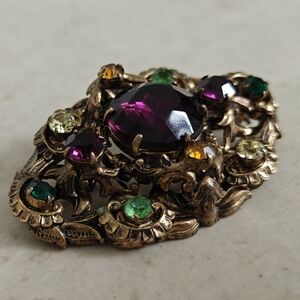 Vintage Czech Glass Brooch Gilt Brass